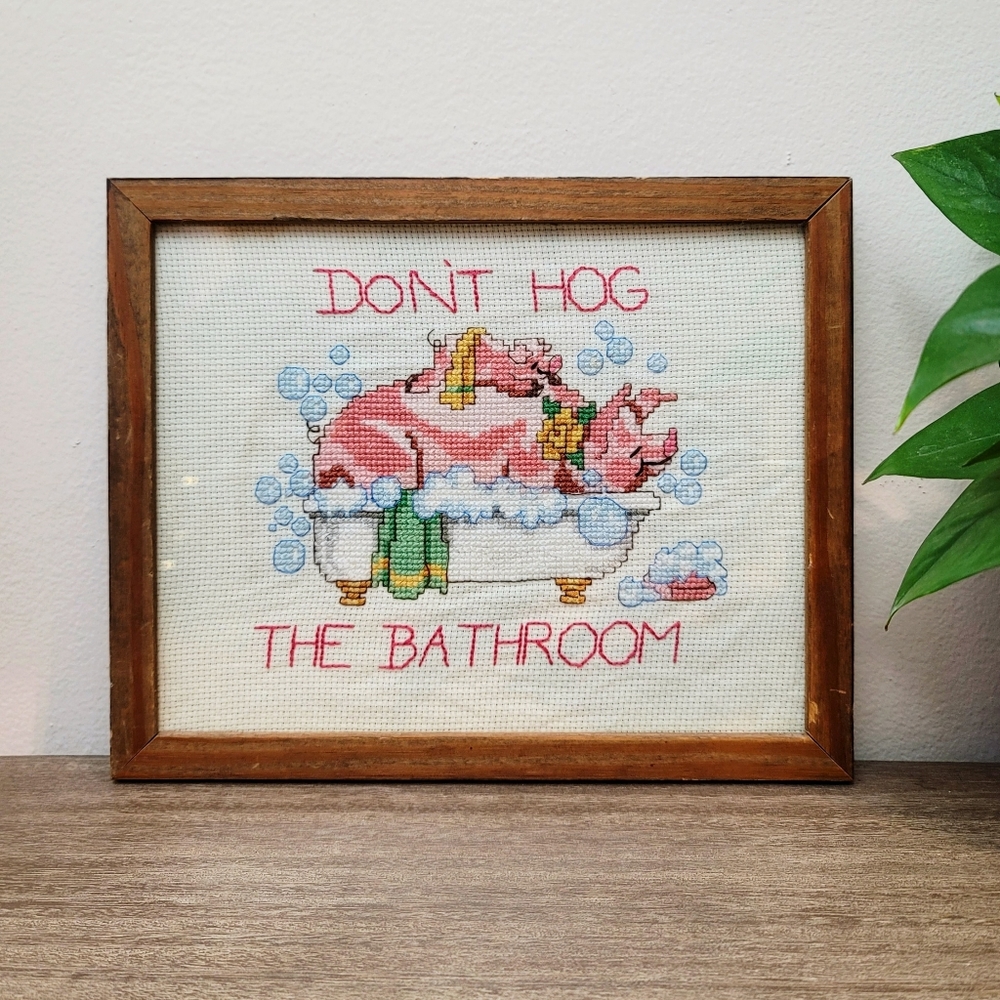 VTG 90s "Don't Hog The Bathroom" Cross Stitch Art